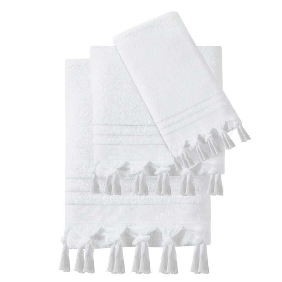 Bed & Bath * | Grace Mitchell White Linear Tassel Fingertip Towel With Discount