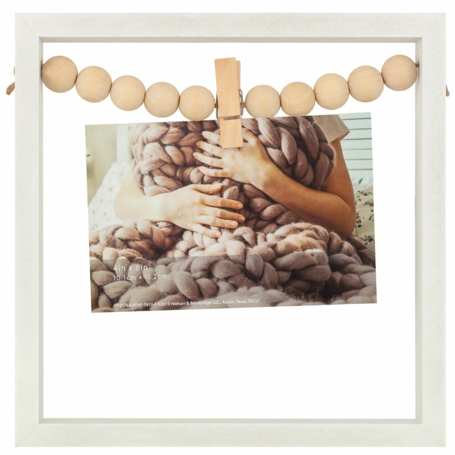 Decor & Pillows * | Whitewash Framed Natural Bead Accent & Clothespin Photo Clip, 4 6 Half Price