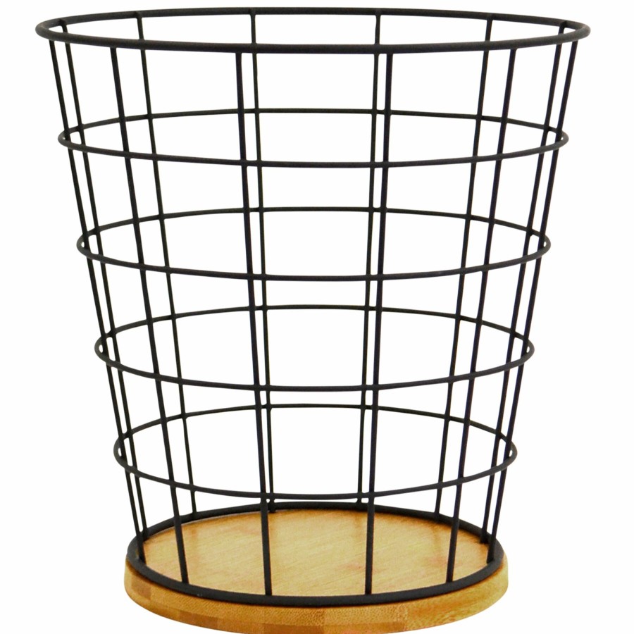 Trash Cans * | Matte Black Wire & Bamboo Tapered Waste Bin Top Sell